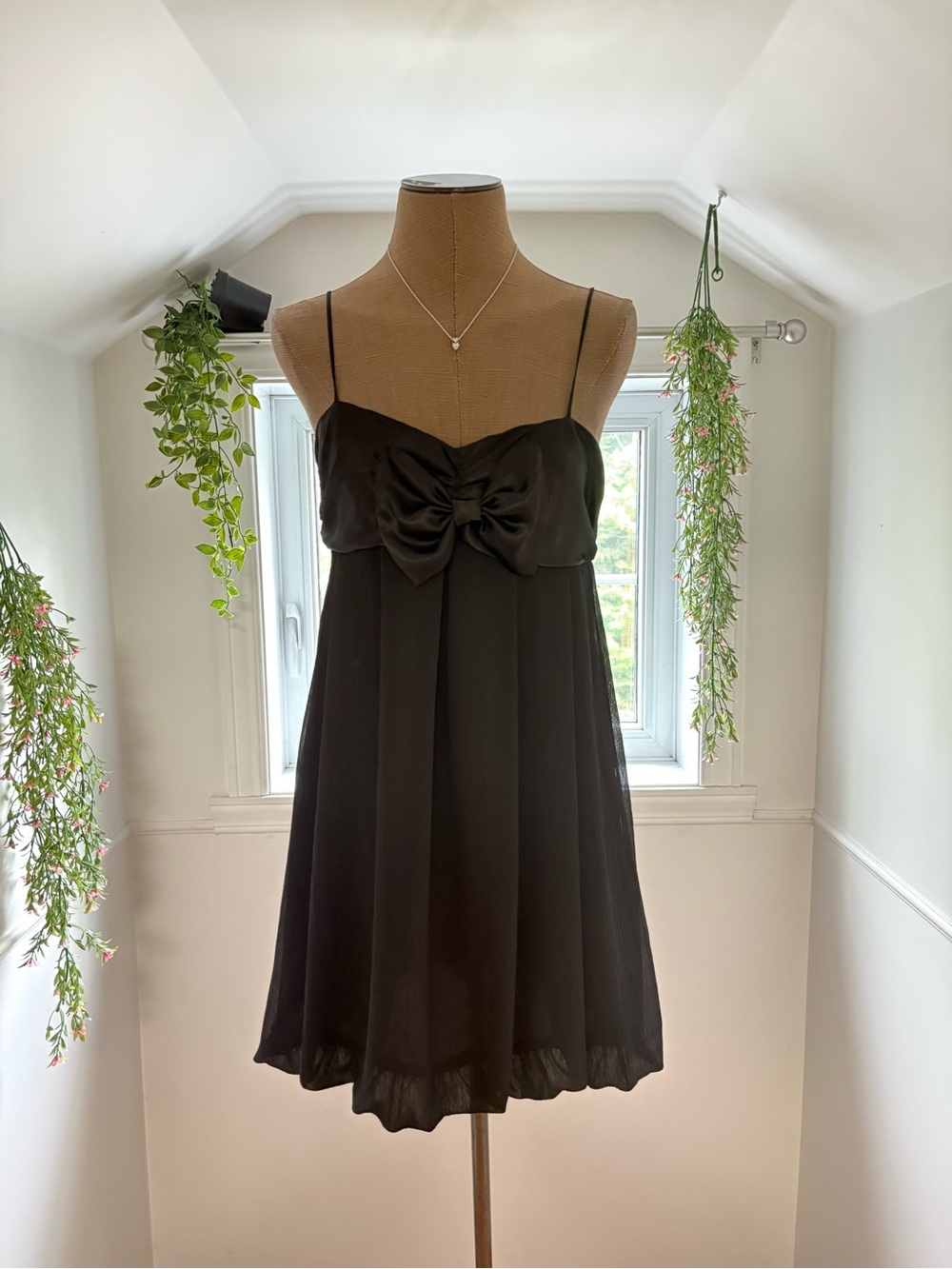 Black Bow-Front Spaghetti Strap Midi Dress